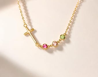 Cross Birthstone Necklace, Family Tree Necklace, Tiny Birthstone Cross Necklace, Christian Gift for Mom, Personalized Family Jewelry for Her