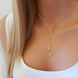 Gouden lariatketting: maan en ster CZ Celestial Jewelry