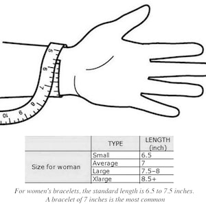 May include: Diagram showing how to measure a wrist for bracelet sizing. A hand is shown with a measuring tape wrapped around the wrist. A chart lists bracelet sizes for women, with lengths in inches, from 6.5 inches to 8.5+ inches.