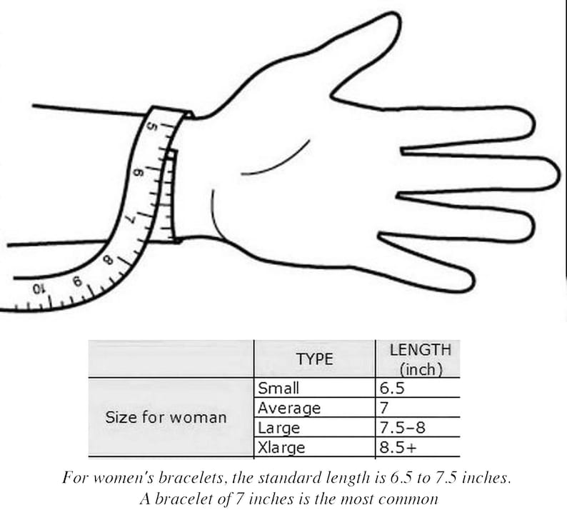 May include: Diagram showing how to measure a wrist for bracelet sizing. A hand is shown with a measuring tape wrapped around the wrist. A chart lists bracelet sizes for women, with lengths in inches, from 6.5 inches to 8.5+ inches.