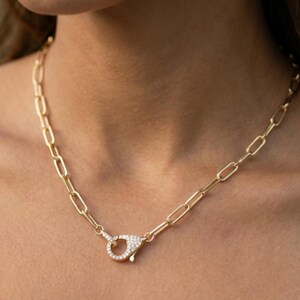 Gold Pave Lobster Claw Charm Holder Necklace, Gold Filled Paperclip Chain, Clip Pendant Necklace, Layering Charm Necklace Gift image 4