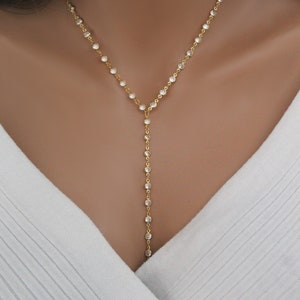 Dainty CZ Lariat Necklace: Gold or Silver Y Necklace, Wedding Jewelry