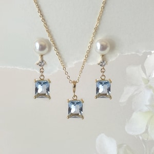 Etwas Blaues Hochzeit Schmuck Set Powder Blue Crystal Halskette und Perle baumeln Ohrringe für die Braut oder Brautjungfer Elegantes Brautgeschenk