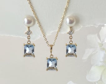 Something Blue Wedding Jewelry Set: Crystal Necklace & Pearl Earrings