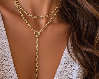 Goldene Lariat-Halskette mit U-förmiger Hufeisenkette, Knebelverschluss, mehrreihige goldene Lariat-Halskette, zartes Statement-Schmuckstück, Geschenk für Sie