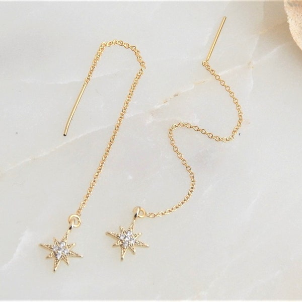 Starburst Threader Earrings: Rose Gold CZ North Star Dangle