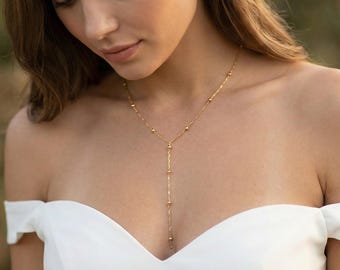 Perlenkette mit Lariat-Verschluss, Satellitenkette in Y-Form, zierliche Gold- oder Silberkette, minimalistischer Layering-Schmuck, Geschenk für Sie