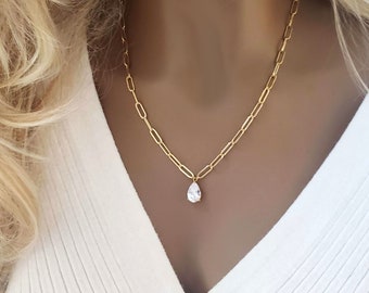 Diamond Teardrop Necklace for Women, Gold Zircon Waterdrop Cz Paperclip Jewelry Birthday Gift for Girlfriend
