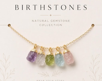 Custom Family Birthstone Necklace, Raw Gemstone Necklace, Multi Birthstone Jewelry, Kids Birthstone Necklace, Personalized Gift for Mom