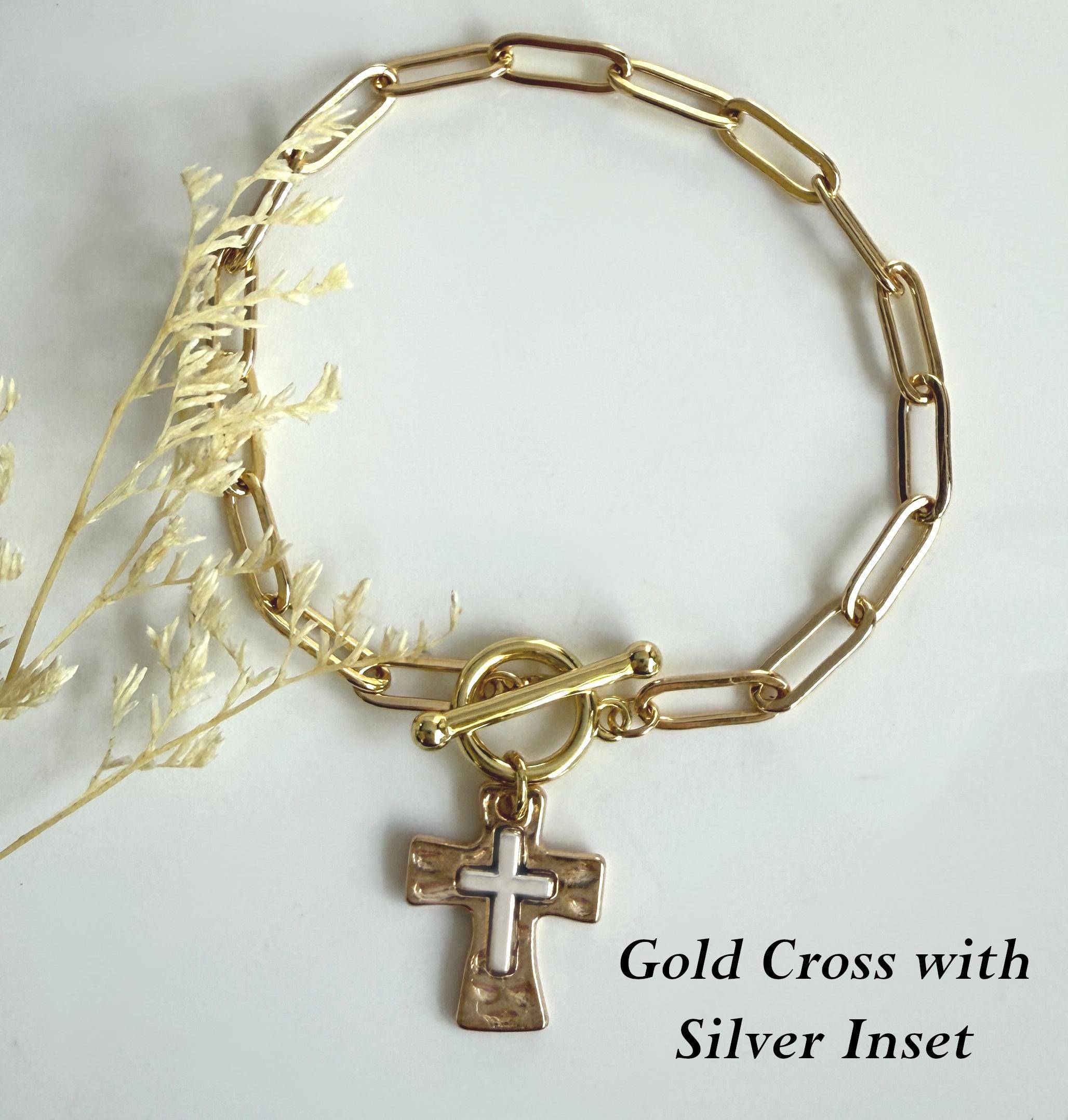 Hammered Cross Charm Bracelet Gift for Her Mixed Metal Religious Christian Cross Jewelry for Women Easter Christmas