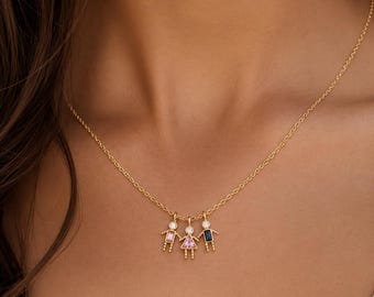 Personalisierte Geburtsstein-Anhänger-Halskette, 14 Karat vergoldeter Familienschmuck