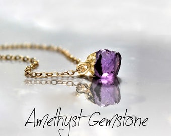Gemstone Necklace, Raw Amethyst Nugget Charm, Dainty Minimalist Crystal Necklace, Healing Jewelry Gift for Her