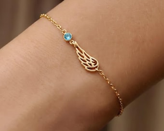 Gold Angel Wing Bracelet, Birthstone Memorial Bracelet, Gold Filled Angel Wing Jewelry, Custom Remembrance Gift, Sympathy Jewelry for Loss