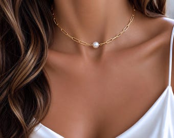 Freshwater Pearl Necklace, Gold Paperclip Chain Necklace, Solitaire Pearl Necklace 14K Gold Filled, Minimalist Jewelry Gift for Her