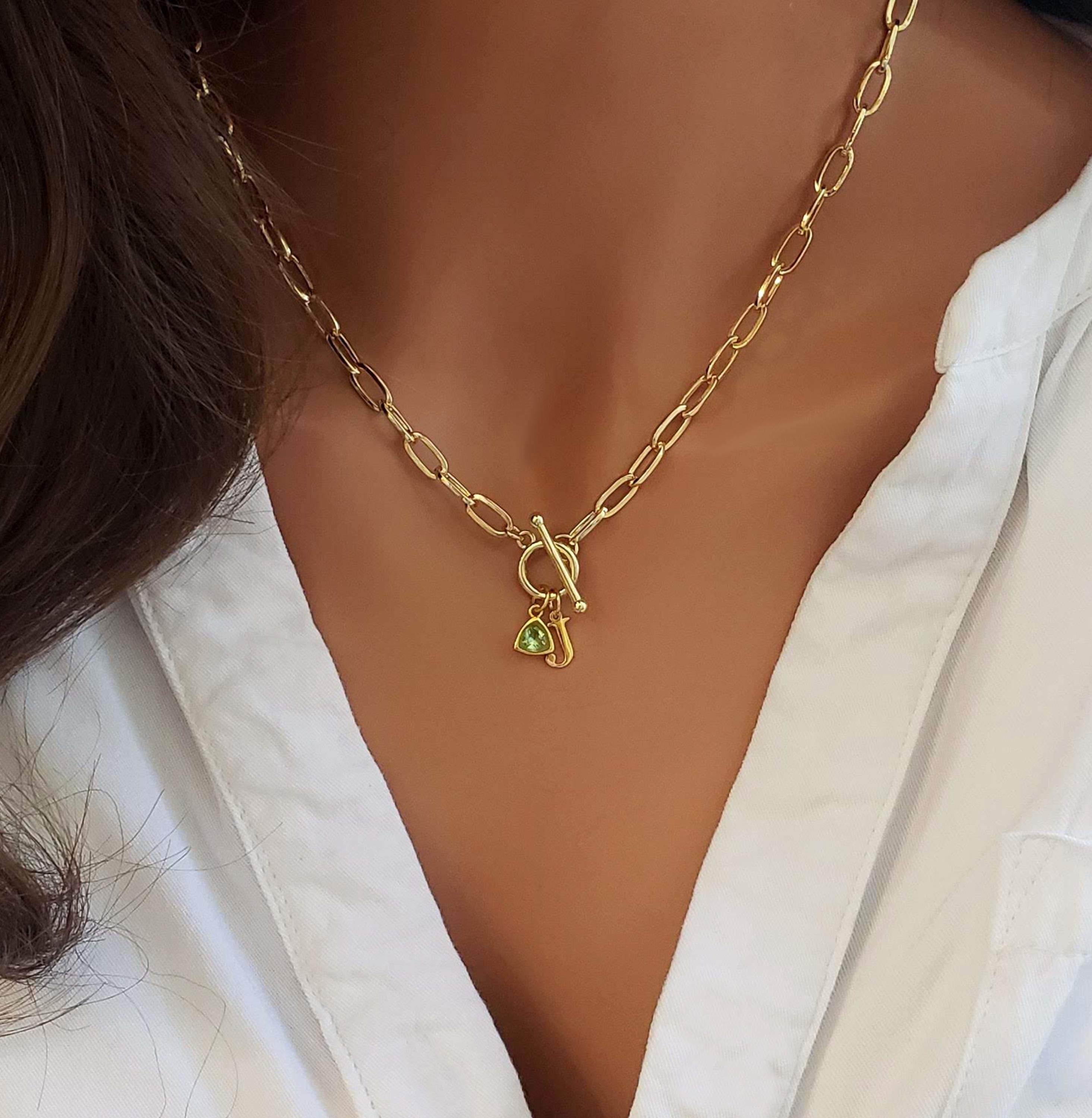 Custom Birthstone Initial Toggle Clasp Necklace for Women, Paperclip Charm Necklace, Personalized Jewelry, Birthday Gift, Gift for Her/Best Friend