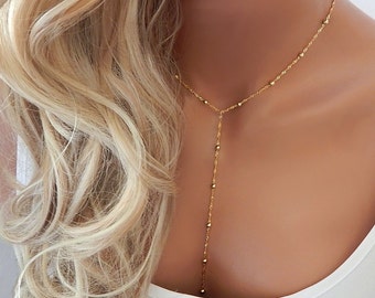 Gold Lariat Necklace Prom Jewelry Sister Gift for Her Y Necklace, Dainty Minimal Silver Beaded Lariat, Girlfriend Gift