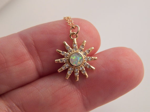 Opal Starburst Necklace for Women 14K Gold Filled Sunburst Celestial Charm Gift for Her Minimal Dainty Jewelry