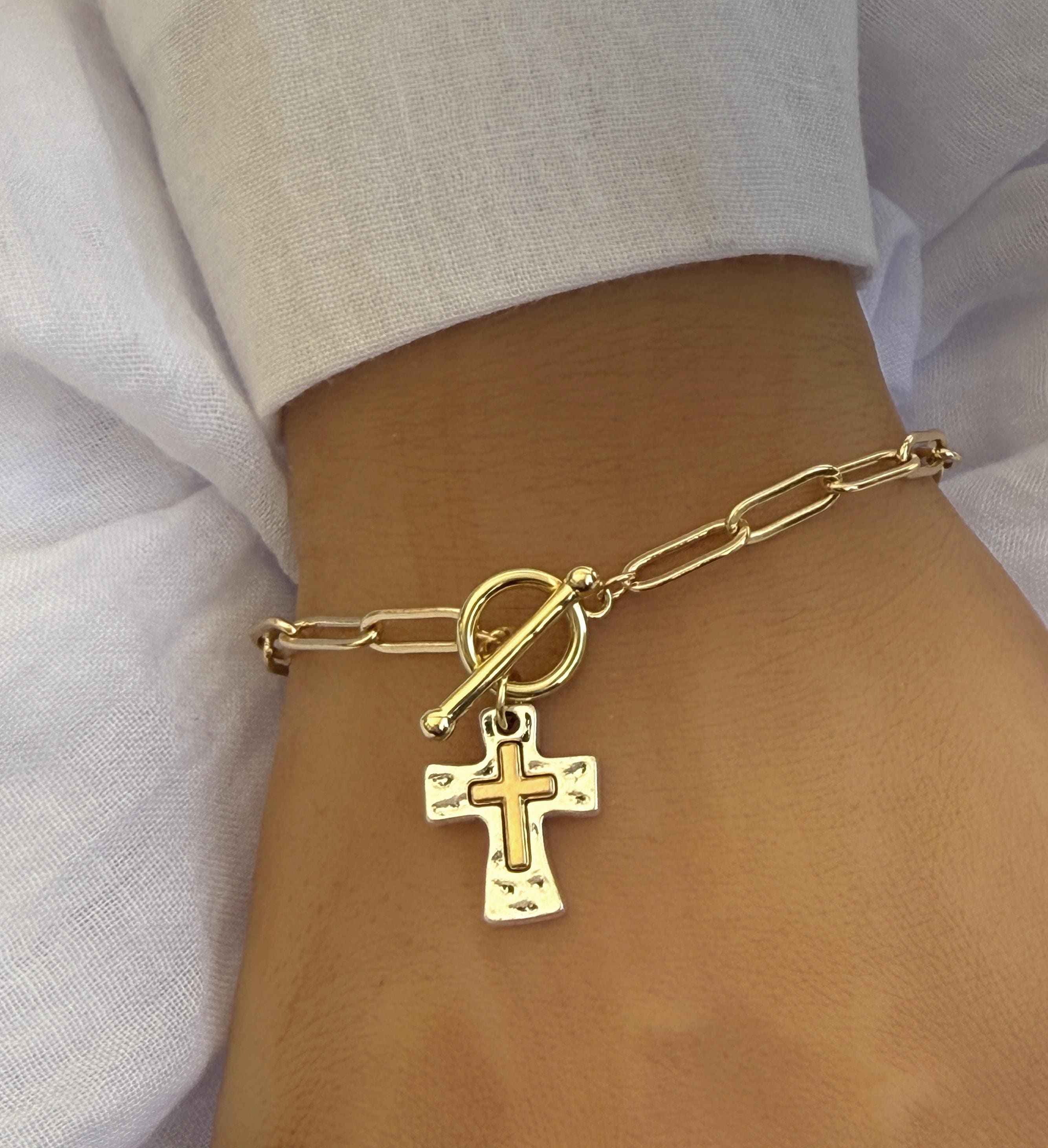 Hammered Cross Charm Bracelet Gift for Her Mixed Metal Religious Christian Cross Jewelry for Women Easter Christmas