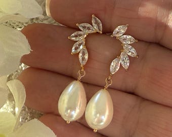 Crystal Bridal Earrings, Elegant Pearl Marquise Diamond Wedding Jewelry, Bridesmaid Gift