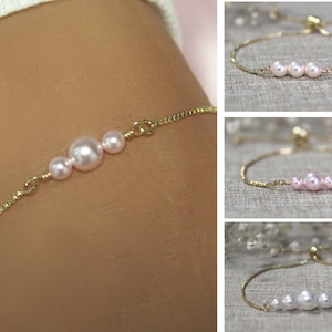 Personalized Pearl Bracelet, Bridesmaid Gift, Sliding Adjustable Box Chain, Bolo Bracelet, Custom Pearl Bar Jewelry, Dainty Bracelet