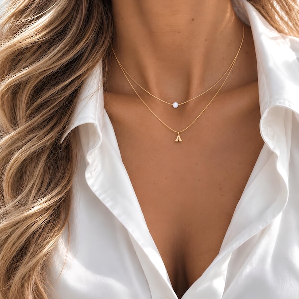 Layered Initial Necklace with Gemstone, Personalized Gold Letter Necklace, Dainty Birthstone Charm, Minimalist Layering Jewelry Gift for Her