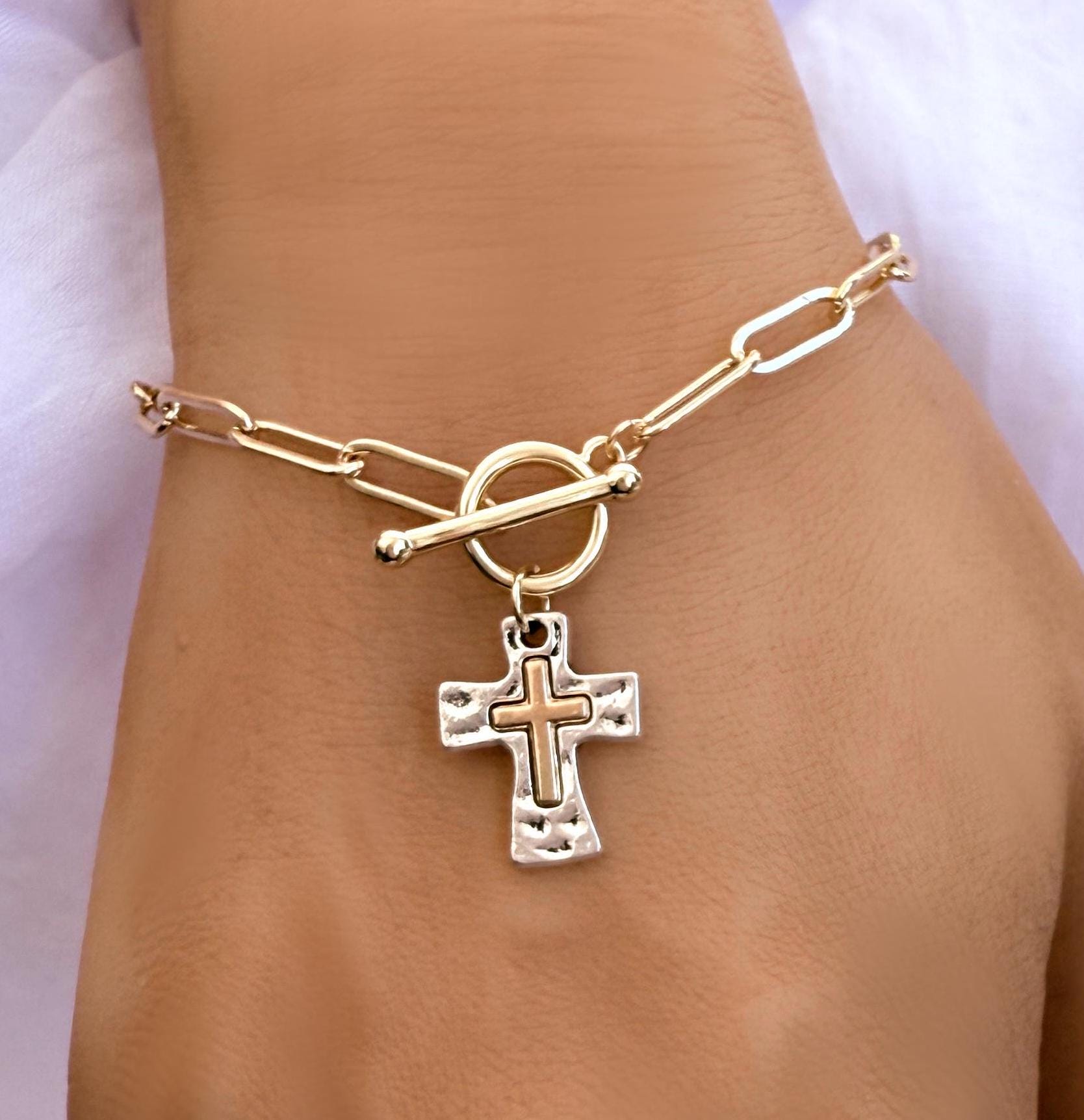 Hammered Cross Charm Bracelet Gift for Her Mixed Metal Religious Christian Cross Jewelry for Women Easter Christmas