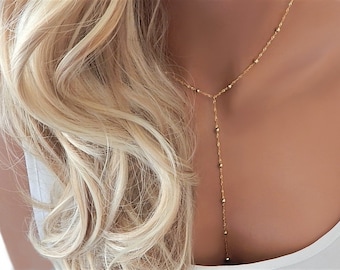 Gold Beaded Lariat Necklace, Minimal Necklace, Gold or Silver Lariat, Beaded Necklace, Girlfriend Gift, Y Necklace [500]