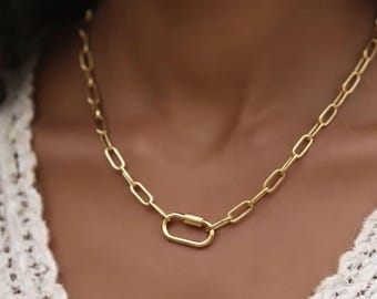 Gold Filled Paperclip Chain Necklace, Carabiner Charm Holder, Layering Jewelry