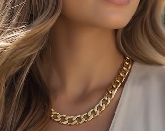 Bold Gold Curb Chain Necklace, Chunky Statement Link Chain, Modern Minimalist Layering Necklace, Elevated Everyday Jewelry