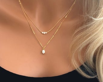 Gold Filled Layered Opal Necklace: Dainty Multi Strand Set