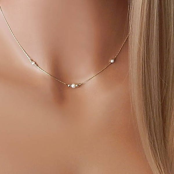 Pearl Beaded Choker Necklace - Elegant Bridesmaid Gift, Stylish Station Pearl Beads, High Quality Chain, Dainty Minimalist Jewelry