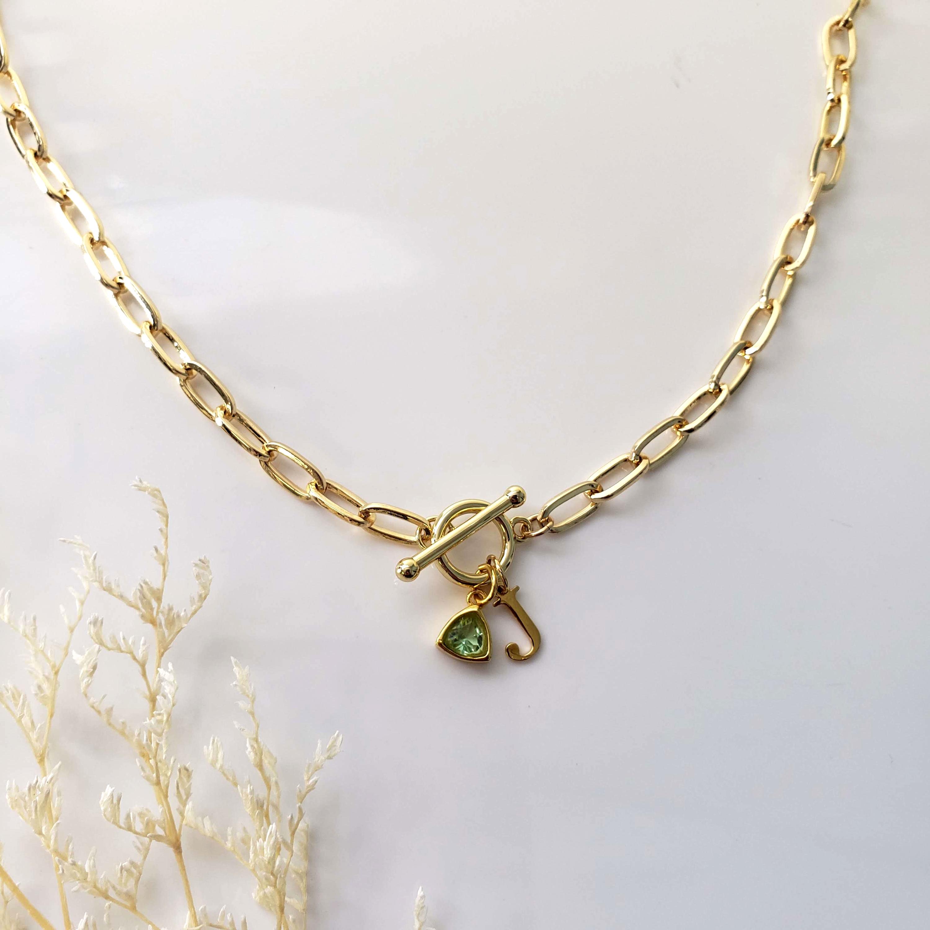Custom Birthstone Initial Toggle Clasp Necklace for Women, Paperclip Charm Necklace, Personalized Jewelry, Birthday Gift, Gift for Her/Best Friend