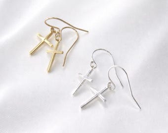 Gold Cross Dangle Earrings, Minimalist Faith Jewelry, Dainty Cross Earrings, Christian Jewelry Gift for Her, Lightweight Everyday Earrings