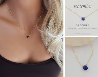 Sapphire Gemstone Necklace, Genuine September Birthstone, Birth Month Girlfriend Birthday Gift, Rose Gold Silver, Bridesmaid Gift