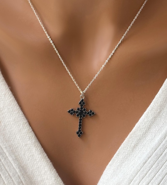 Black CZ Cross Pendant Necklace - Sterling Silver Chain - Etsy