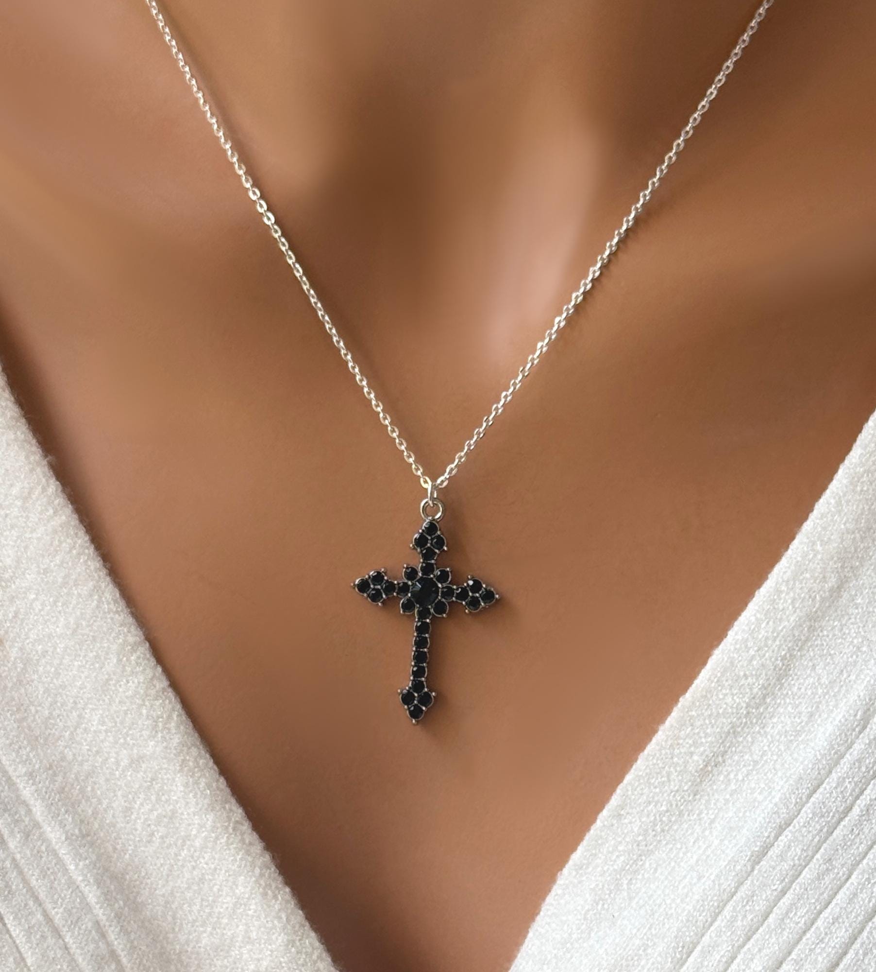 Black CZ Cross Pendant Necklace - Sterling Silver Chain - Etsy