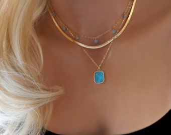 Collier or turquoise, bijoux avec pierre de naissance de décembre, collier délicat de pierres précieuses, superposition de colliers, cadeau pour elle