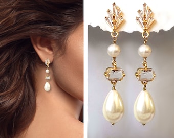 Bridal Earrings for Women Crystal Wedding Earrings Gold Dangle Freshwater Pearl Earrings Handmade Jewelry for Her