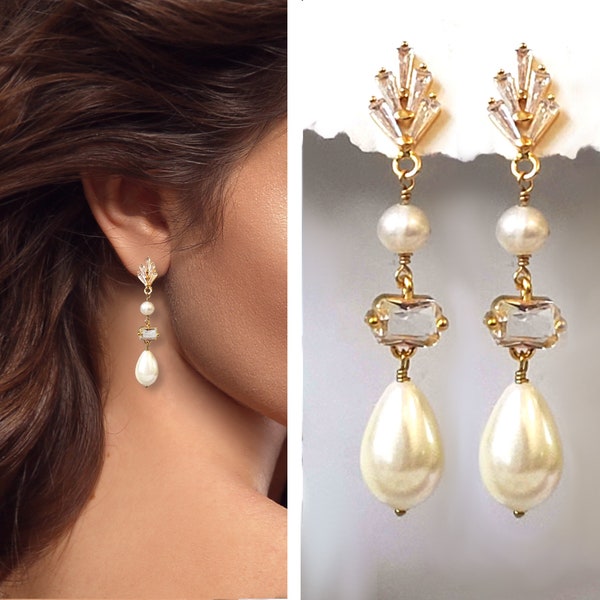 Bridal Earrings for Women Crystal Wedding Earrings Gold Dangle Freshwater Pearl Earrings Handmade Jewelry for Her