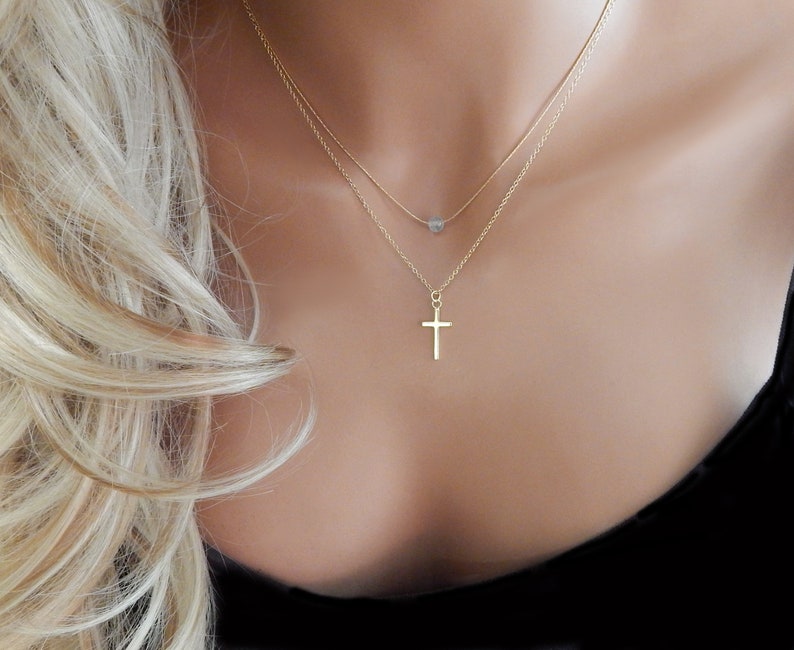 Gemstone Cross Necklace Women Gold Mother Gift Gemstone Birthday Gift Christian Jewelry Layered Gemstone Jewelry Religious Protection 