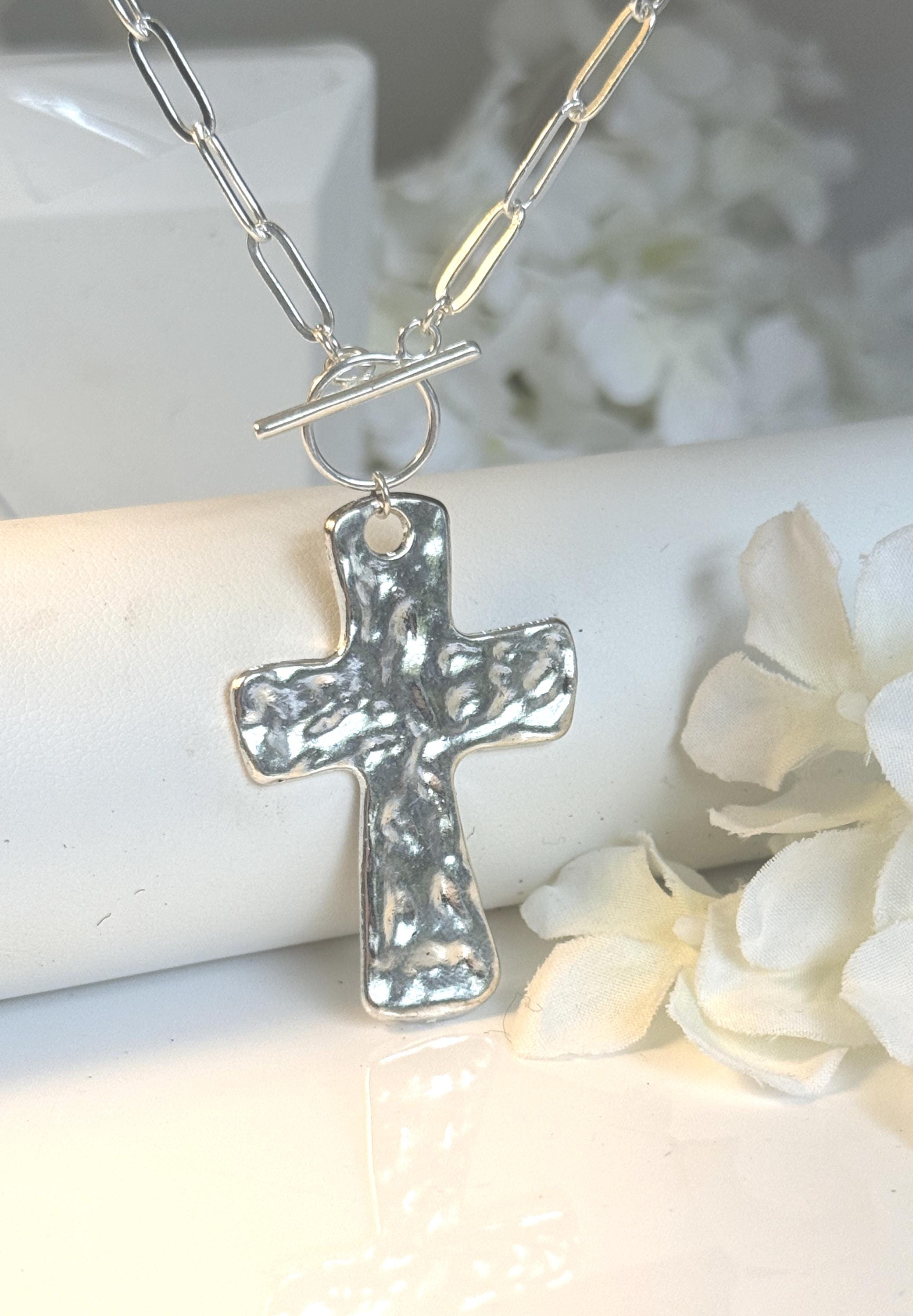 Hammered Cross Necklace Large Silver Pendant Gift for Her Statement Religious Christian Cross Jewelry for Women