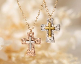 Hammered Cross Necklace, Mixed Metal Cross Necklace, Dainty Gold Filled Chain, Minimalist Faith Jewelry, Two Tone Cross Necklace Gift