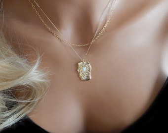 Opaal ketting voor vrouwen, gouden hanger cadeau voor haar, gouden verklaring vintage ketting, gelaagde opaal ketting, 14K goud gevulde ketting choker