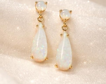 Teardrop Opal Stud Earrings, Minimalist Gold Dainty Jewelry, October Birthstone Gift, Gold Opal Studs,  Gift for Women