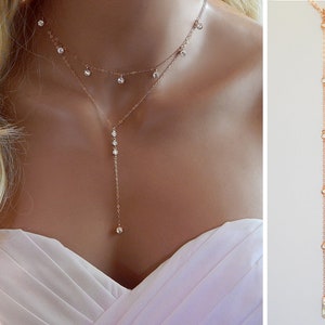 Diamond Wedding Necklace • Bridesmaid Gift • Backdrop Necklace Layered Lariat CZ Necklace • Bridal Jewelry • Gold, Rose Gold or Silver