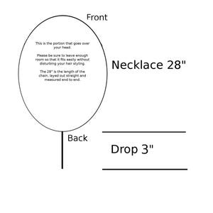 May include: A black and white diagram illustrating a necklace with a 28-inch chain and a 3-inch drop. The text explains that the 28-inch length is measured end to end and the loop portion goes over the head, ensuring space for hair styling.