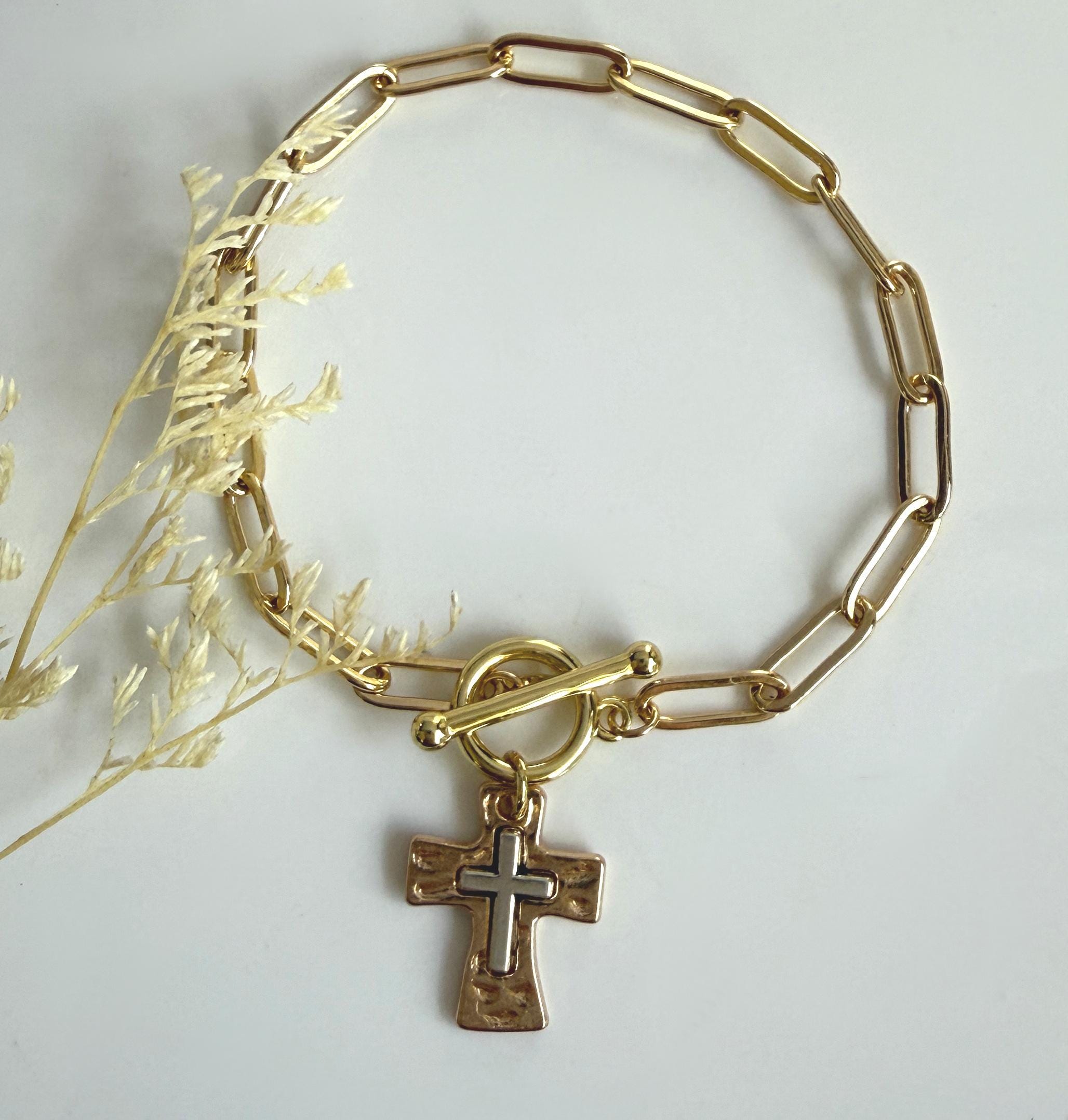 Hammered Cross Charm Bracelet Gift for Her Mixed Metal Religious Christian Cross Jewelry for Women Easter Christmas