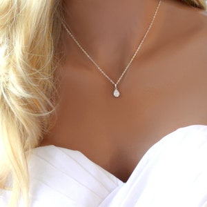 Diamond Necklace, Dainty Bridal Wedding Day Jewelry Bride, Bridesmaid Prom Solitaire Pear Shape Diamond Bridal Jewelry Gift for Her