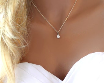 Diamond Necklace, Dainty Bridal Wedding Day Jewelry Bride, Bridesmaid Prom Solitaire Pear Shape Diamond Bridal Jewelry Gift for Her