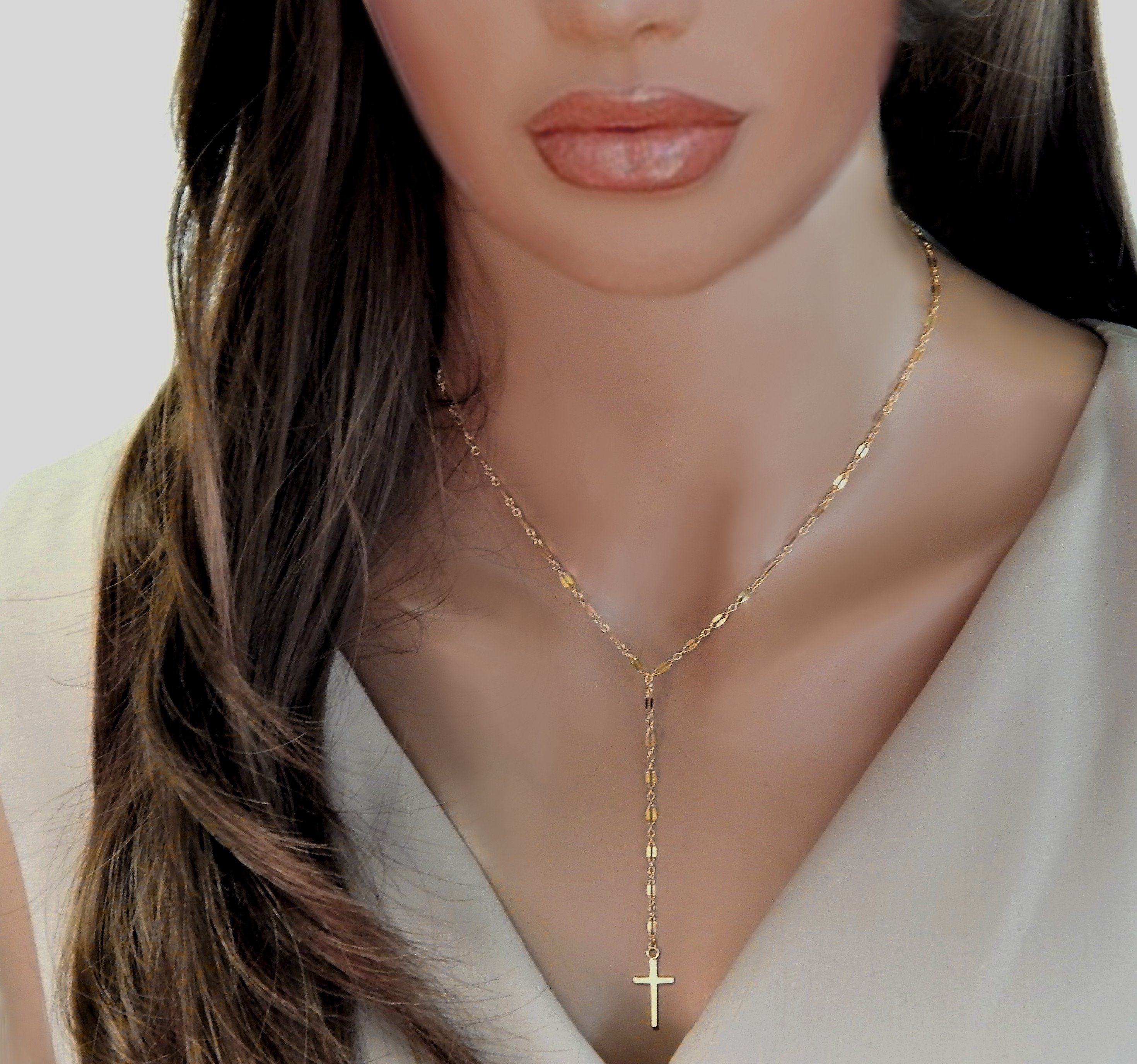 Cross Necklace Gold Lariat Mothers Day Gift Girlfriend Gift